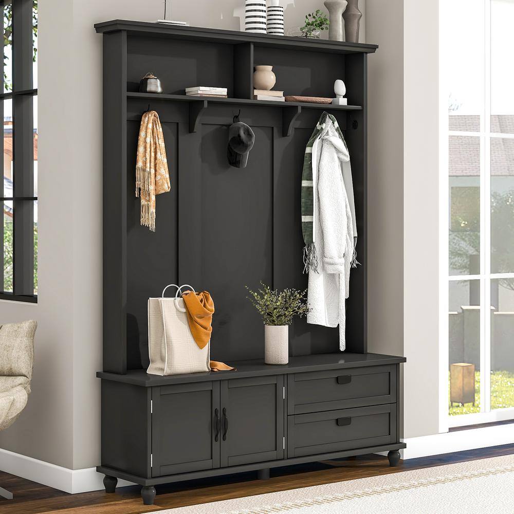 Nestfair Black Freestanding Hall Tree with Mudroom Bench, 2Drawers