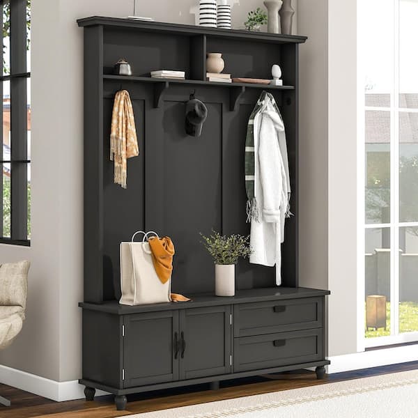 Nestfair Black Freestanding Hall Tree with Mudroom Bench, 2-Drawers, Cabinet and Hooks
