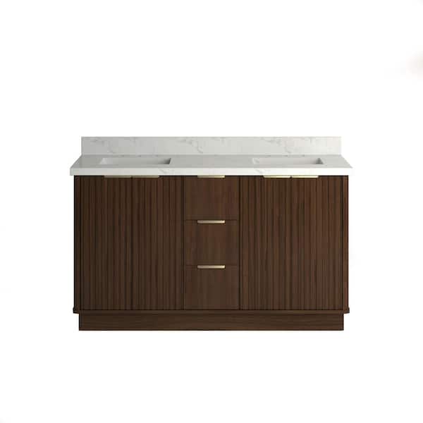 Kathryn 60 in. Double Freestanding Bath Vanity in Dark Oak with Statuario Venato Marble Quartz Top and Square Sinks