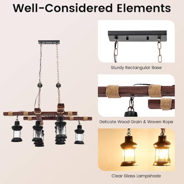 OUKANING 39 in. 8-Light Vintage Industrial Brown Wooden Farmhouse