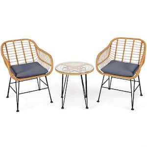 Round 19 in. 3-Piece Wicker Outdoor Bistro Set Chair Table with Grey Cushions