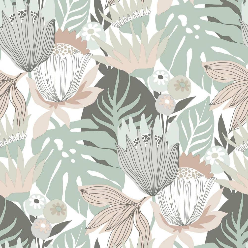 Pink and Green Tropical Leaves Peel and Stick Vinyl Wallpaper