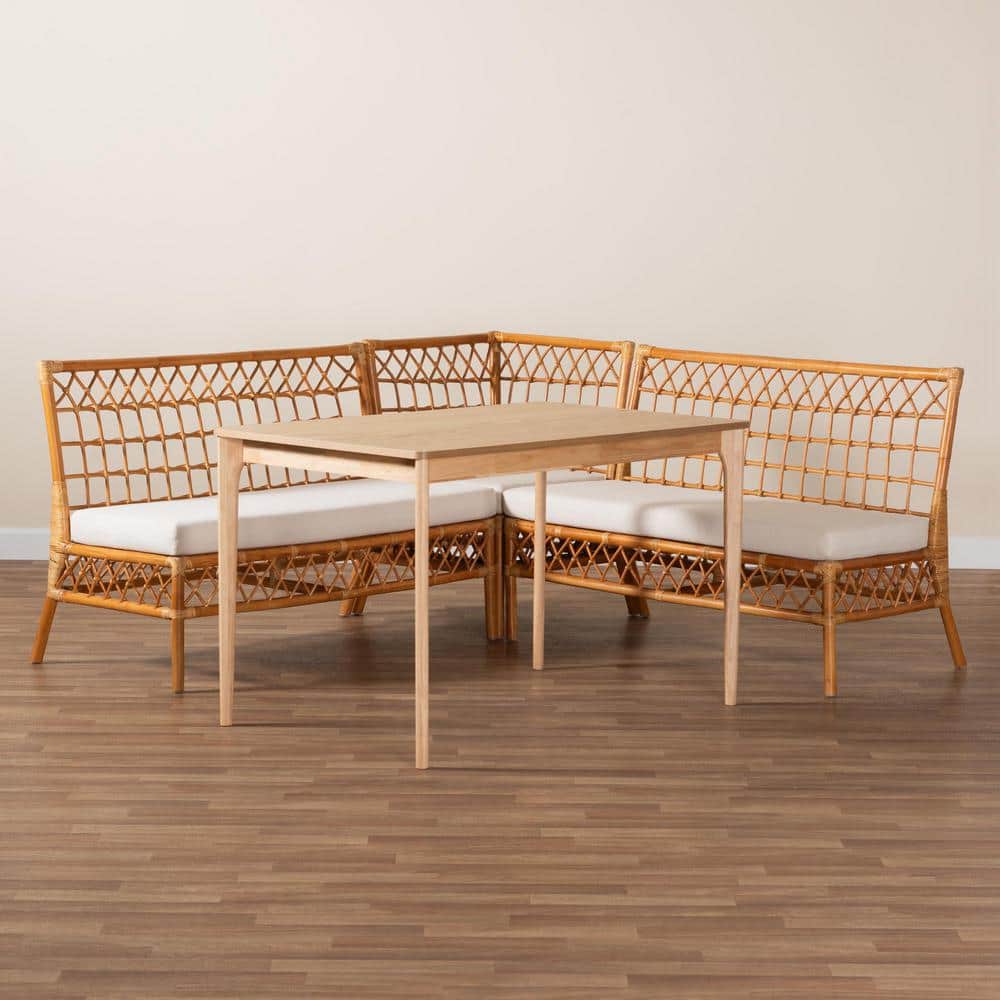 Adora Honey Rattan and Rubberwood 4-Piece Dining Nook Set