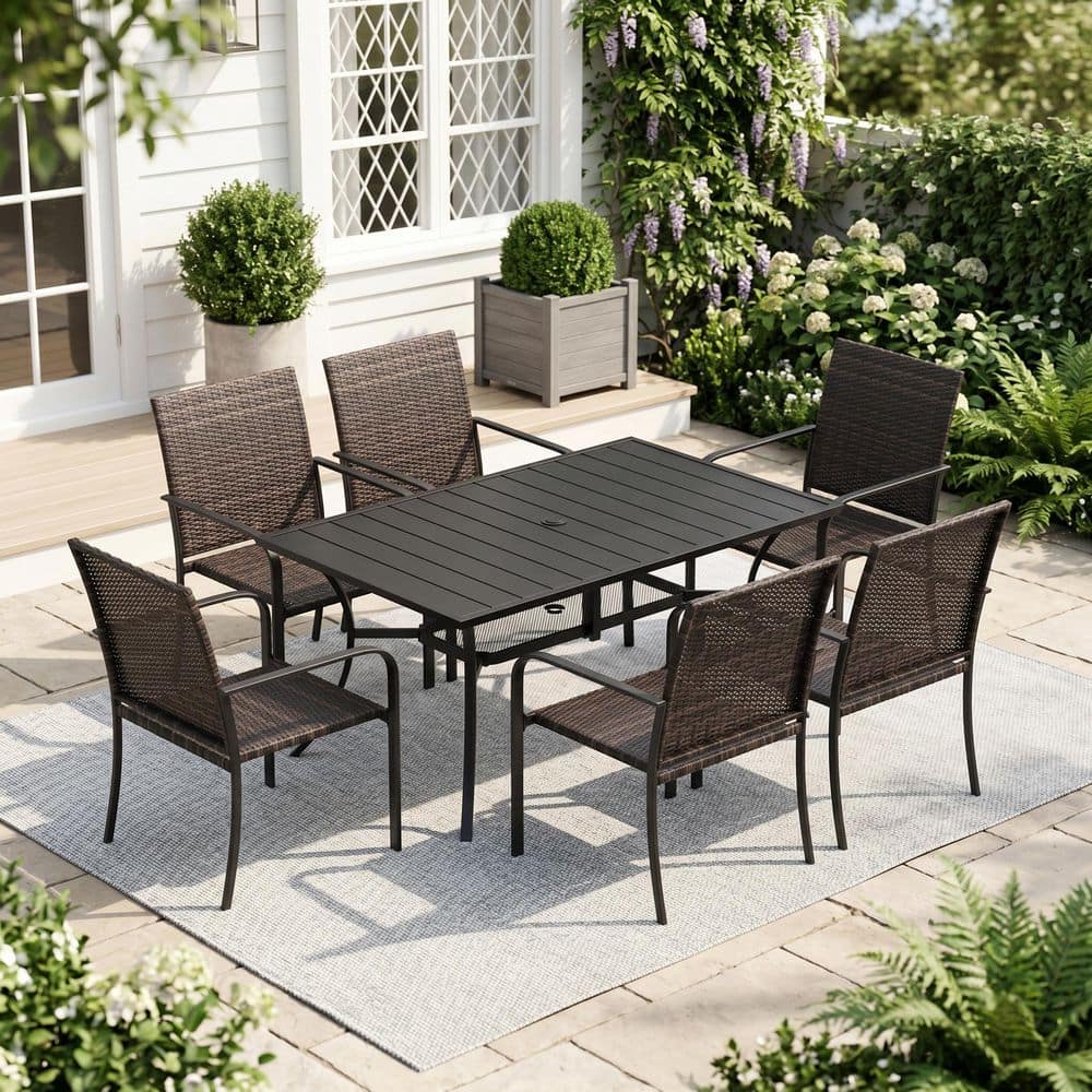 7-Piece Metal Outdoor Dining Set with 59.2 in. Black Rectangular Patio Table and 6 Brown Rattan Stackable Dining Chairs