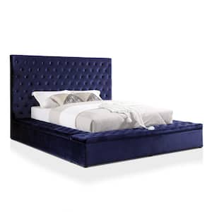 Lillis Blue Wood Frame Queen Platform Bed with Button Tufted