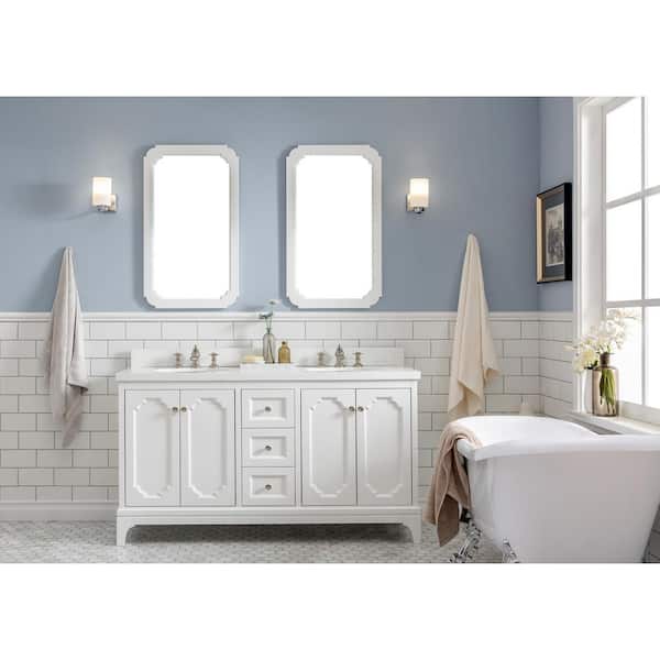Water Creation Queen 60 in. Bath Vanity in Pure White with Quartz Carrara Vanity Top with Ceramics White Basins and Faucet