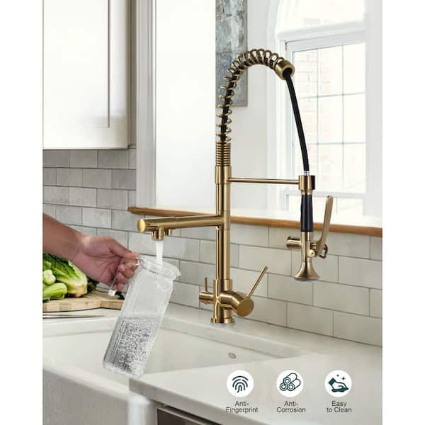 Double Handle Pull-Down Sprayer Kitchen Faucet High Arc with Drinking Water and Deck Plate in Brushed Gold
