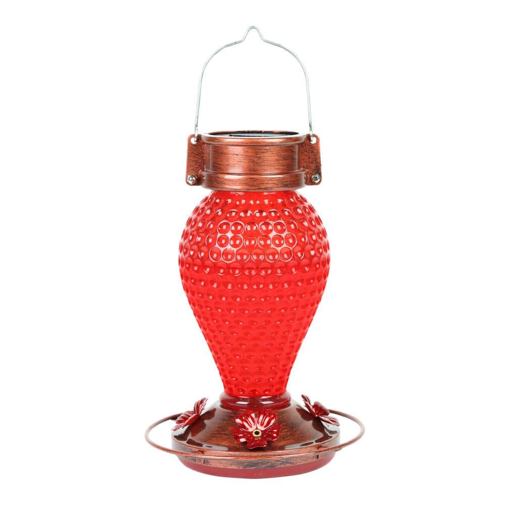 Solar Red Glass and Copper Hanging Hummingbird Feeder
