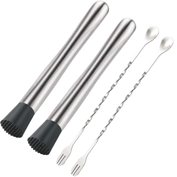4 Pcs 10 in. 304 Stainless Steel Muddler and Spoon Set, Fruit Smasher Cocktail Mixing Tools, Bar Bartender Accessories