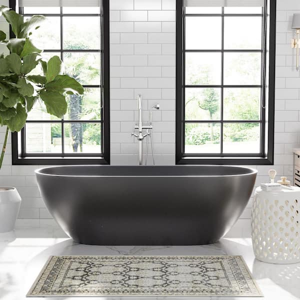 69 in. x 30 in. Solid Surface Stone Resin Freestanding Soaking Bathtub with Center Drain, Drainer, Hose in Matte Black