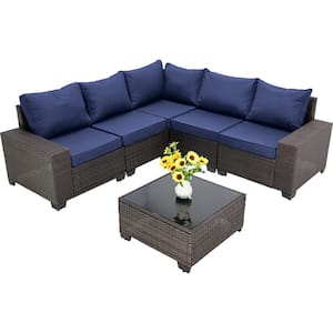 6-Pieces Wicker Patio Conversation Set Outdoor Sectional Sofa, with Dark Blue Cushions and Glass Top Table