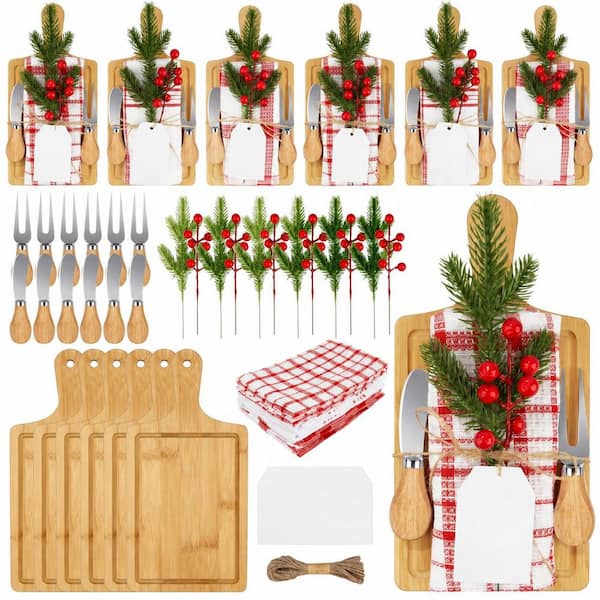 6-Set Christmas Wooden Charcuterie Cutting Board Kit with Cheese Knives Forks Tea Towels Faux Berries