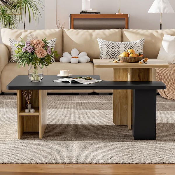 47.2 in. Black Rectangle Particle Board Wood Coffee Table with Storage Space and 2-Pieces