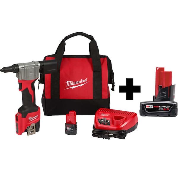 Milwaukee M12 12 Volt Lithium Ion Cordless Rivet Tool Kit with Free M12 6.0 Ah Battery 2550 22 48 11 2460 The Home Depot