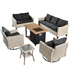 Oconee Beige 6-Piece Wicker Outdoor Patio Fire Pit Conversation Sofa Loveseat Set with Swivel Chairs and Black Cushions
