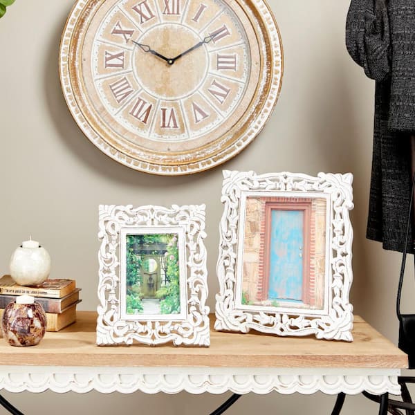 Litton Lane 8" x 10" White Handmade Intricate Carved Scroll Mango Wood Photo Frame