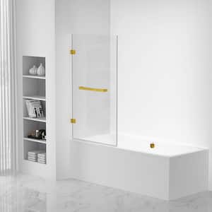 34 in. W x 58 in. H Fixed Tub Door Frameless in Brass Finish with Clear Glass