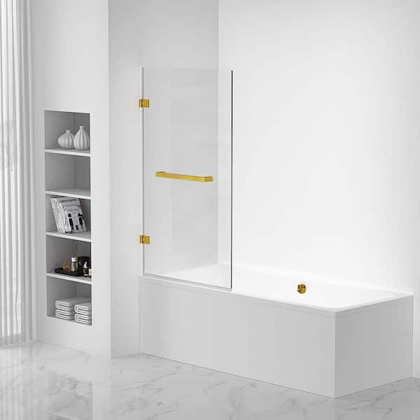 FINE FIXTURES 34 in. W x 58 in. H Fixed Tub Door Frameless in Brass Finish with Clear Glass