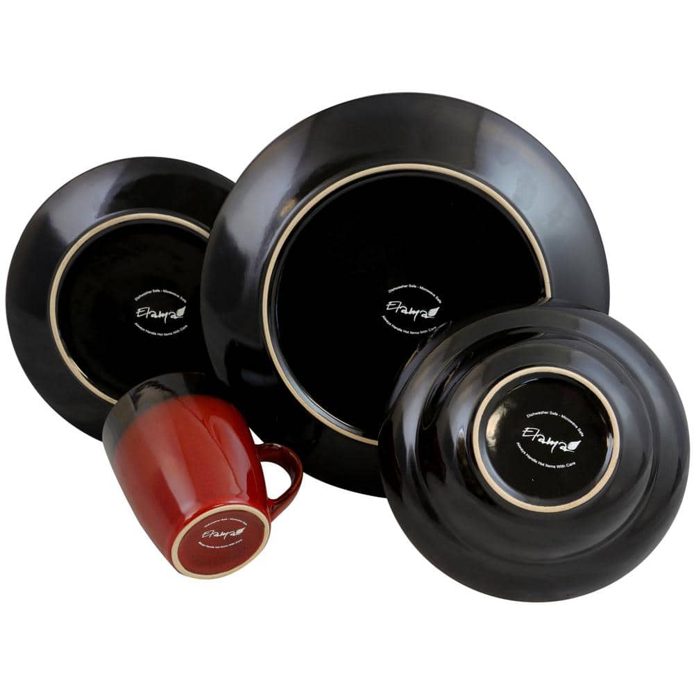 Elama Red and Black Ceramic 16-Piece Dinnerware Set