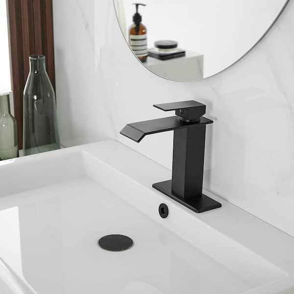 Waterfall Single Hole Single-Handle Low-Arc Bathroom Faucet With Pop-up Drain Assembly in Matte Black