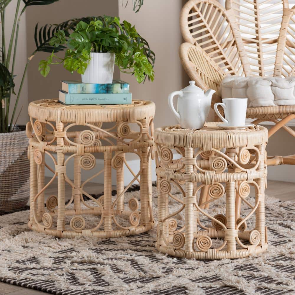 Natural Brown Rattan Round Bohemian 2-Piece Nesting Tables