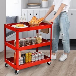 3-Tier Utility Cart Metal Storage Service Trolley 330 lbs. Capacity Red