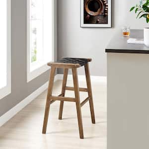 Saorise 29.5 in. Walnut Black Backless Wood Bar Stool Counter Stool with Woven Leather 2 (Set of Included)