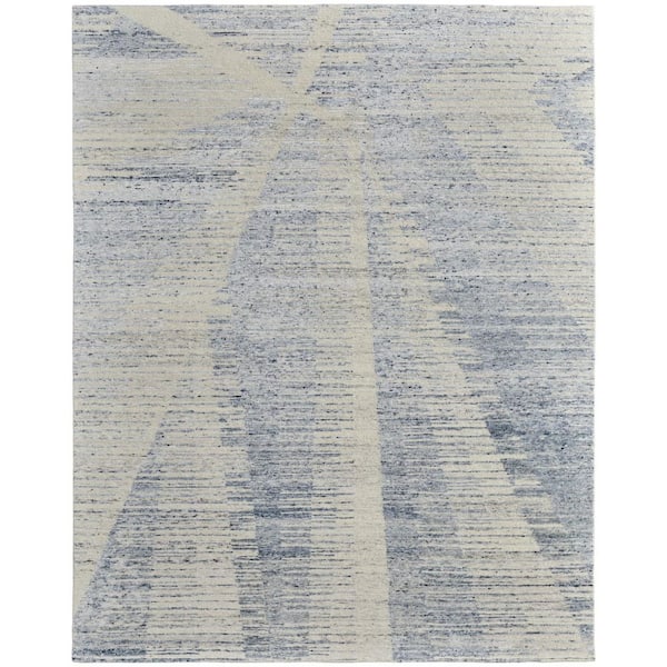 4 ft. x 6 ft. Ivory Blue And Silver Abstract Hand Knotted Distressed Area Rug