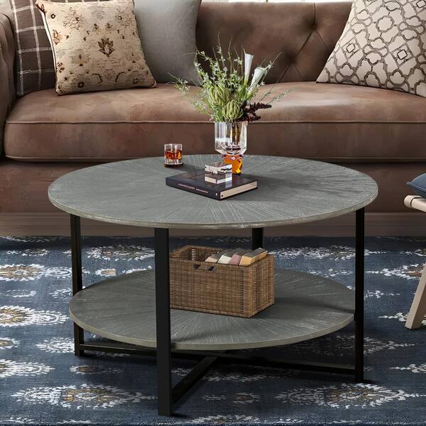 Sudzendf 31.5 in. Antique Gray Round Coffee Table With 2 Tier Storage and Black Metal Leg KIKIO205469 The Home Depot