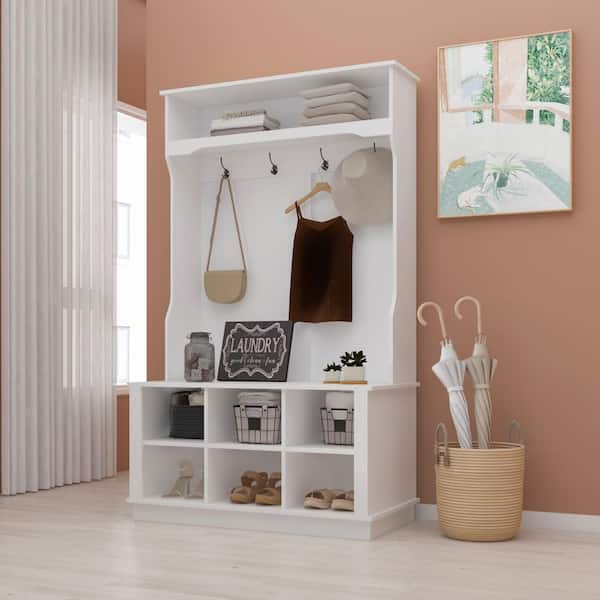 FUFU&GAGA White Painted Hall Tree with Bench and Storage Cubbies