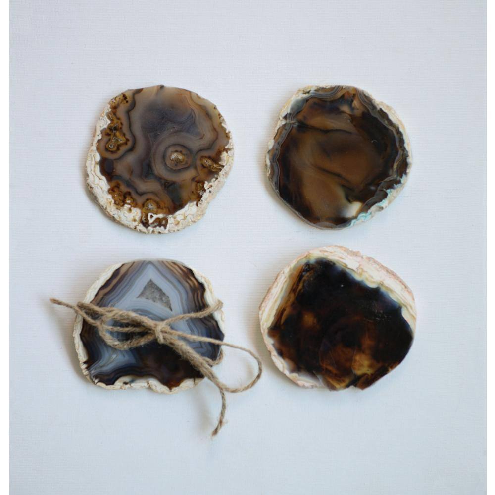 Natural Brown Agate Stone Coaster Set with Wooden Holder
