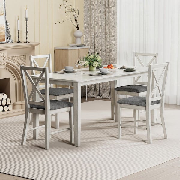 Farmhouse Dining Table Set, 5-Piece Wood Kitchen Table with X-Back Chairs and Padded Seats, Gray Dining (Set for 4)