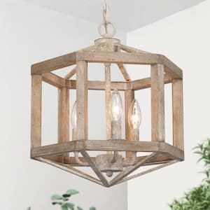 Farmhouse Offwhite Weathered Wood Drum Chandelier, 3-Light Cage Candlestick Chandelier Kitchen Dining Room Ceiling Light