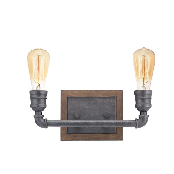 Home Decorators Collection Palermo Grove 14 in. 2-Light Industrial Gilded Iron Bath Farmhouse Vanity Light with Painted Walnut Wood Accents