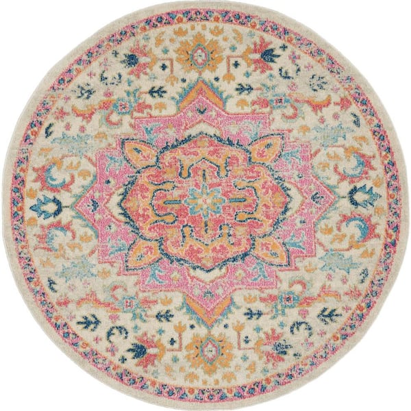 Passion Ivory Pink 4 ft. x 4 ft. Persian Modern Transitional Round Area Rug