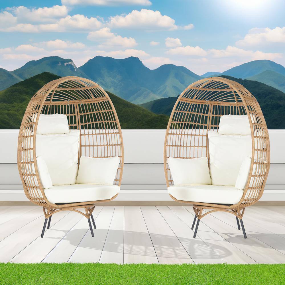 2-Pieces Patio Wicker Swivel Egg Chair, Oversized Indoor Outdoor Egg Chair,