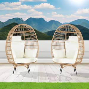 2-Pieces Patio Wicker Swivel Egg Chair, Oversized Indoor Outdoor Egg Chair, Brown Rattan Beige Cushions