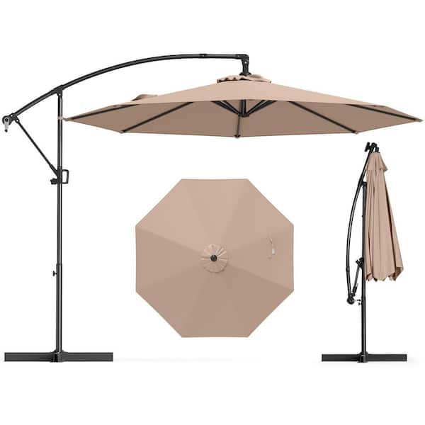 WELLFOR 10 ft. Patio Cantilever Umbrella in Coffee with Stand Outdoor Tilt Umbrella with Crossed Stand