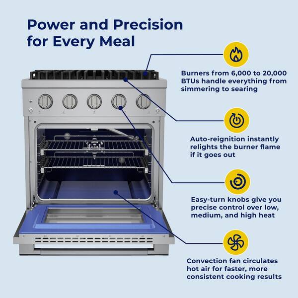 HausPro 30 in. 4-Burners Gas Range in Stainless Steel with 20,000 BTU and Convection Oven w/5-Rack Positions Satin Brass