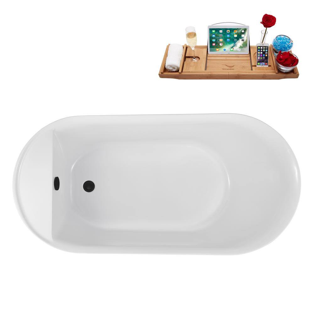 59" Glossy White Acrylic Freestanding Soaking Bathtub with Matte Black Trim