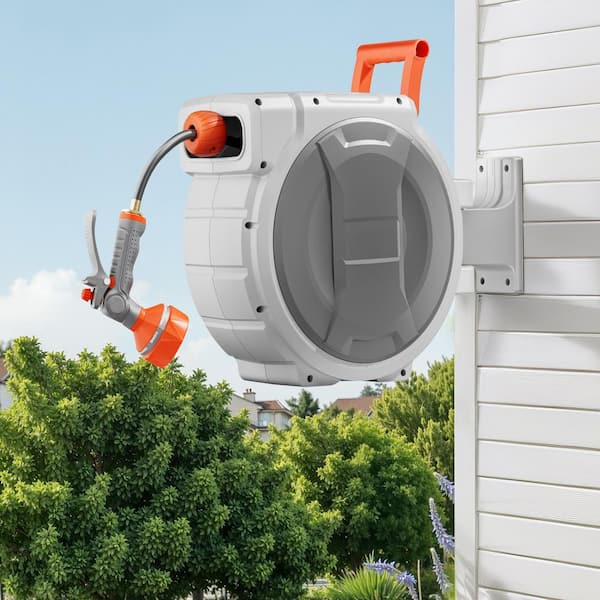 Retractable Garden Hose Reel, 1/2 In. x 84 ft. Wall-Mounted Hose Reel with 9-Pattern Spray Nozzle Adjustable Length Lock