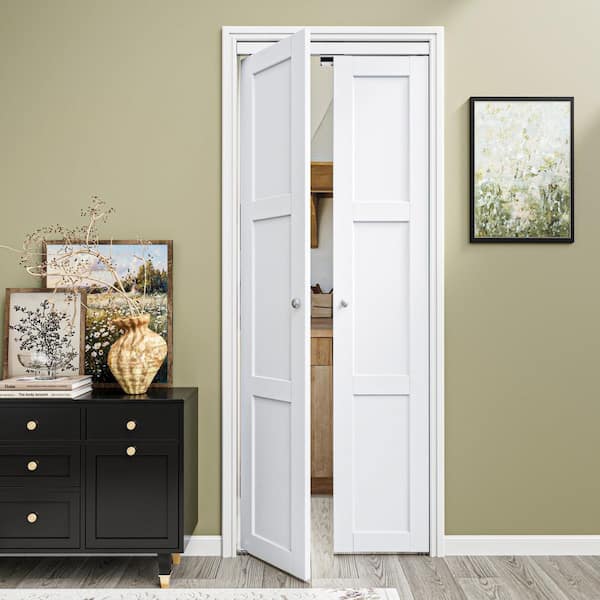 30 in. x 80 in. Solid Core Composite MDF Bi-fold Door + French Style Pivot Hardware (3-Lite White Finish)