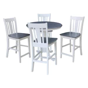 Set of 5-pcs - White/Heather Gray 36 in. Solid Wood Pedestal Table with 4 Stools