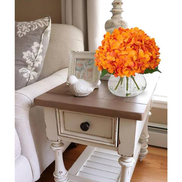 9.5 in. Orange Indoor Artificial Hydrangea Flowers in Glass Vase
