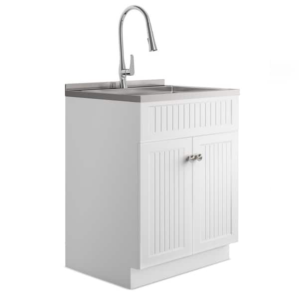 Simpli Home Beckham Transitional 28 in. wall mount Laundry sink with Cabinet Faucet and Stainless Steel Sink in White