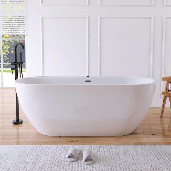67 in. Acrylic Oval Flatbottom Freestanding Whirlpool Bathtub in White