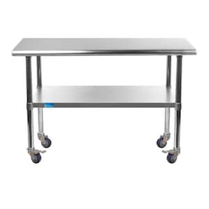 30 in. x 48 in. Stainless Steel Work Table with Casters : Mobile Metal Kitchen Utility Table with Bottom Shelf