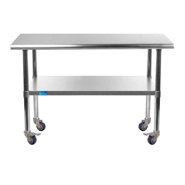AMGOOD 30 in. x 48 in. Stainless Steel Work Table with Casters : Mobile Metal Kitchen Utility Table with Bottom Shelf