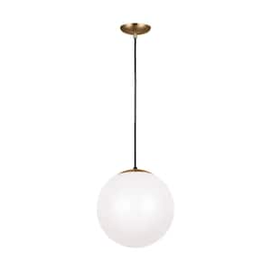 Leo 14 in. Extra Large 1-Light Satin Brass Hanging Globe Pendant Light with Smooth White Glass Shade, LED Bulb Included