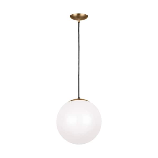 Leo Hanging Globe 14 in. 1-Light Satin Brass Pendant with Smooth White Glass Shade